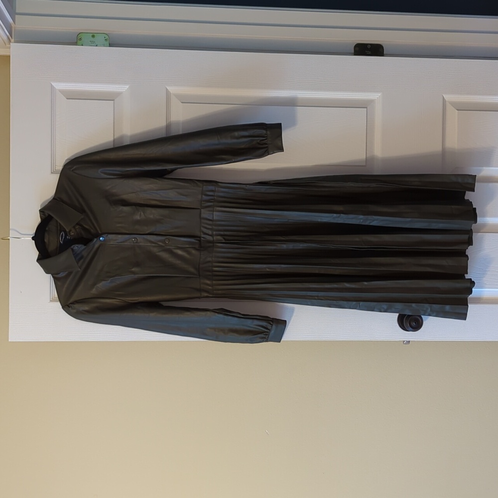 Scoop, size xs, faux leather dress, pleated skirt, olive color